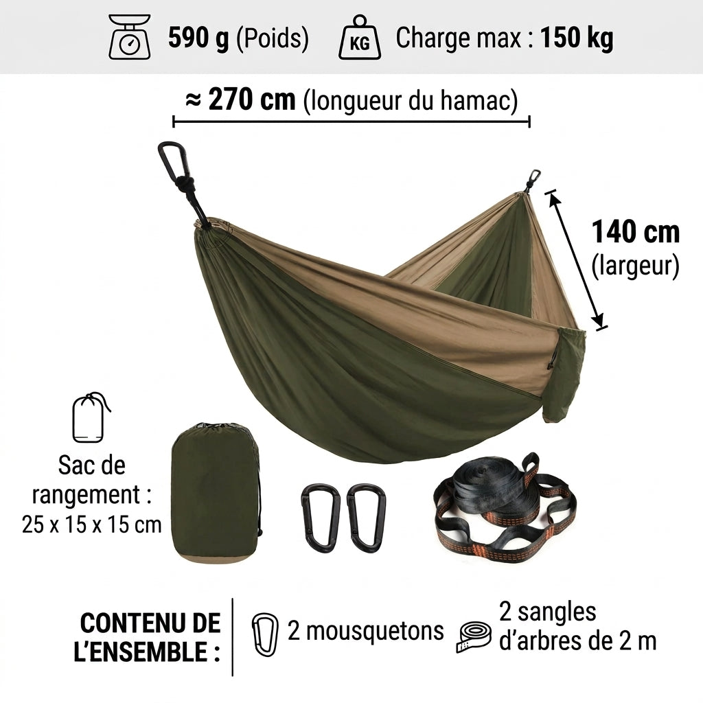 Dimensions du hamac Belmont-Air : environ 270 × 140 cm, 590 g, charge max 150 kg