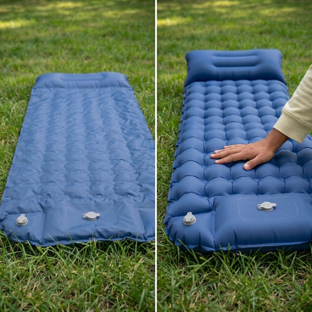 Matelas Belmont-Air dégonflé puis gonflé, avant et après gonflage