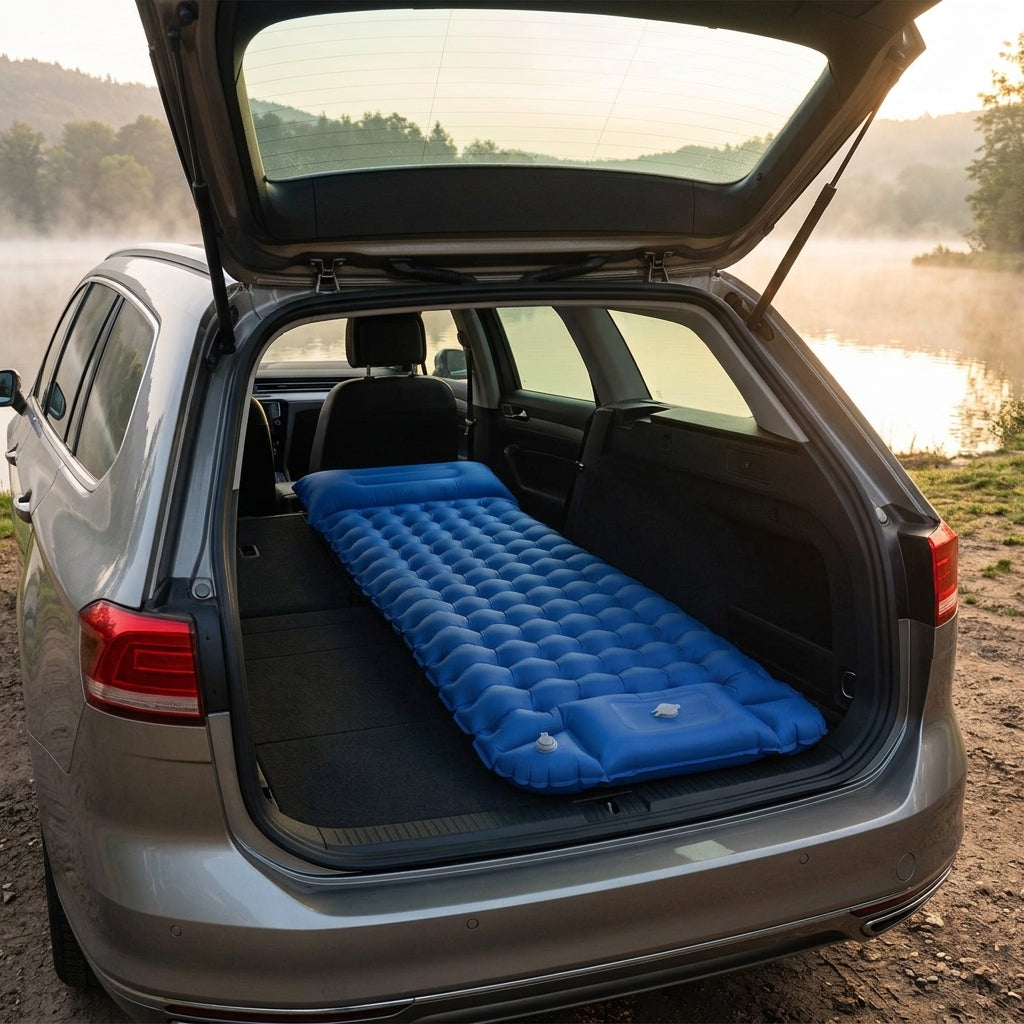 Matelas gonflable Belmont-Air dans le coffre d'un break face à un lac