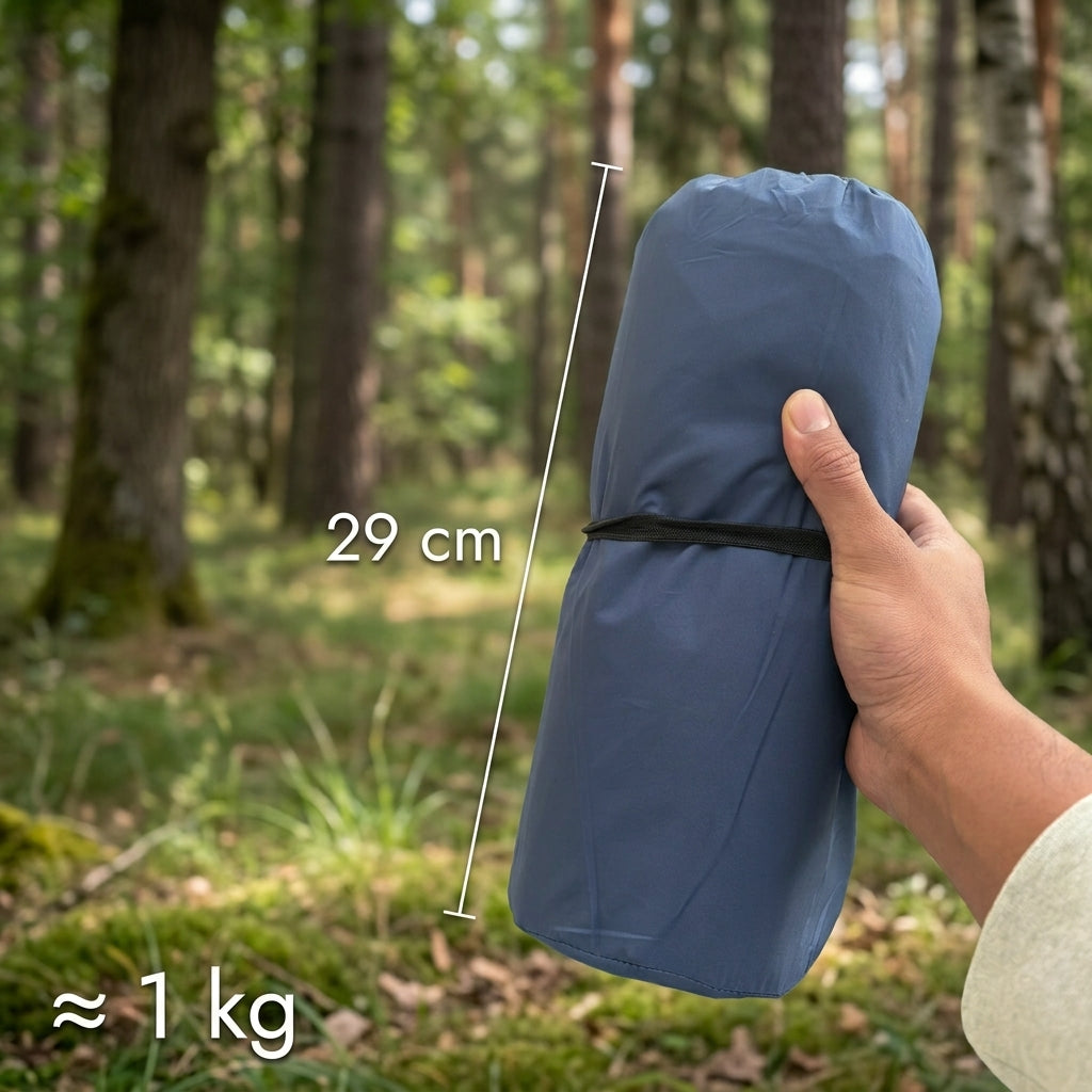 Matelas Belmont-Air plié dans son sac de rangement, 29 cm pour environ 1 kg
