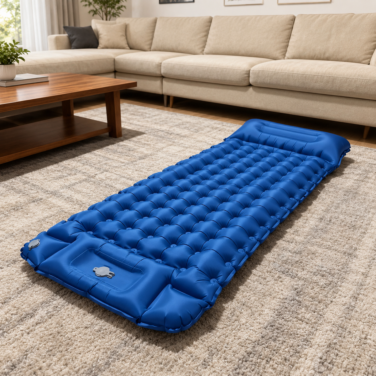 Matelas gonflable Belmont-Air utilisé comme couchage d'appoint dans un salon