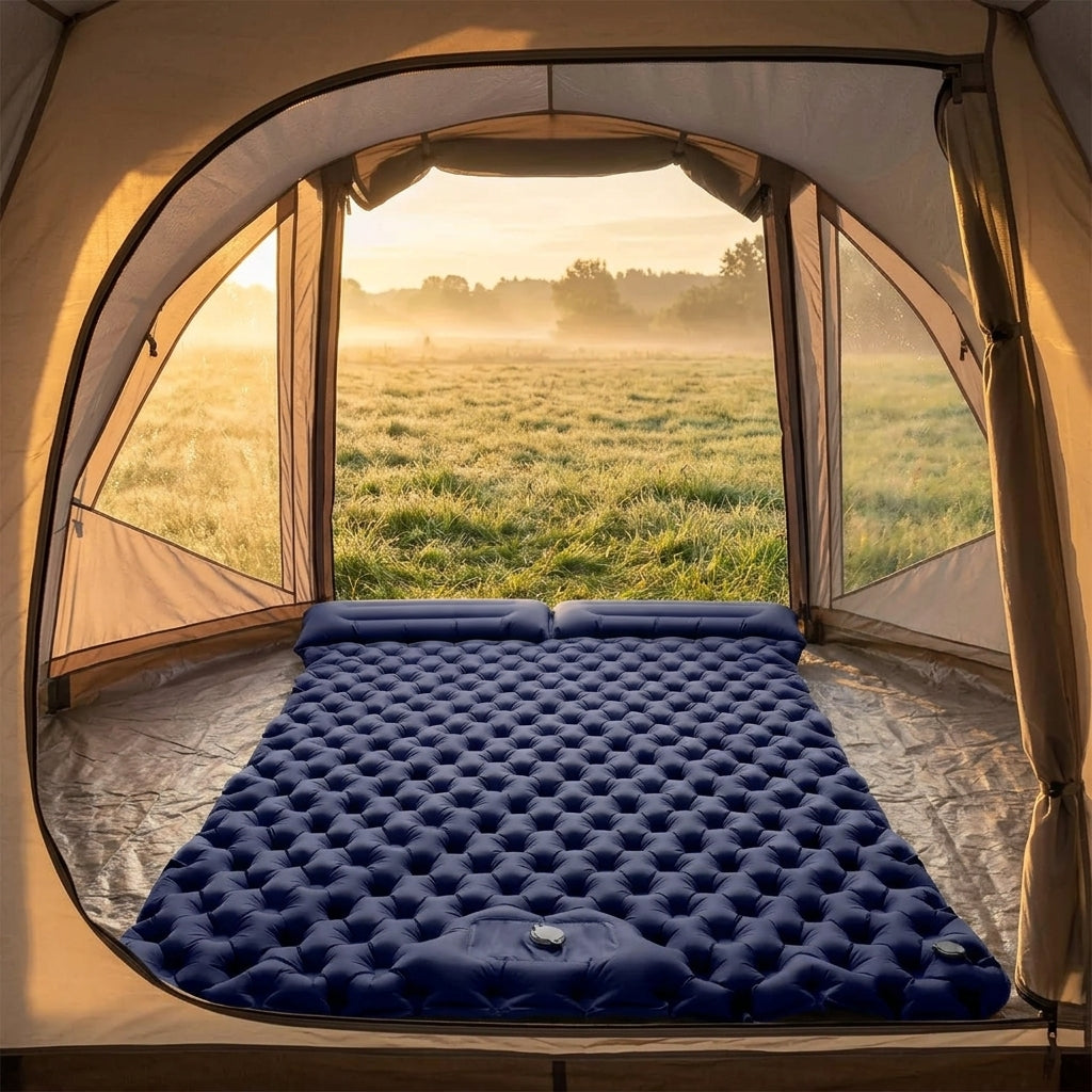 Matelas gonflable double Belmont-Air installé dans une tente face à une prairie au lever du soleil