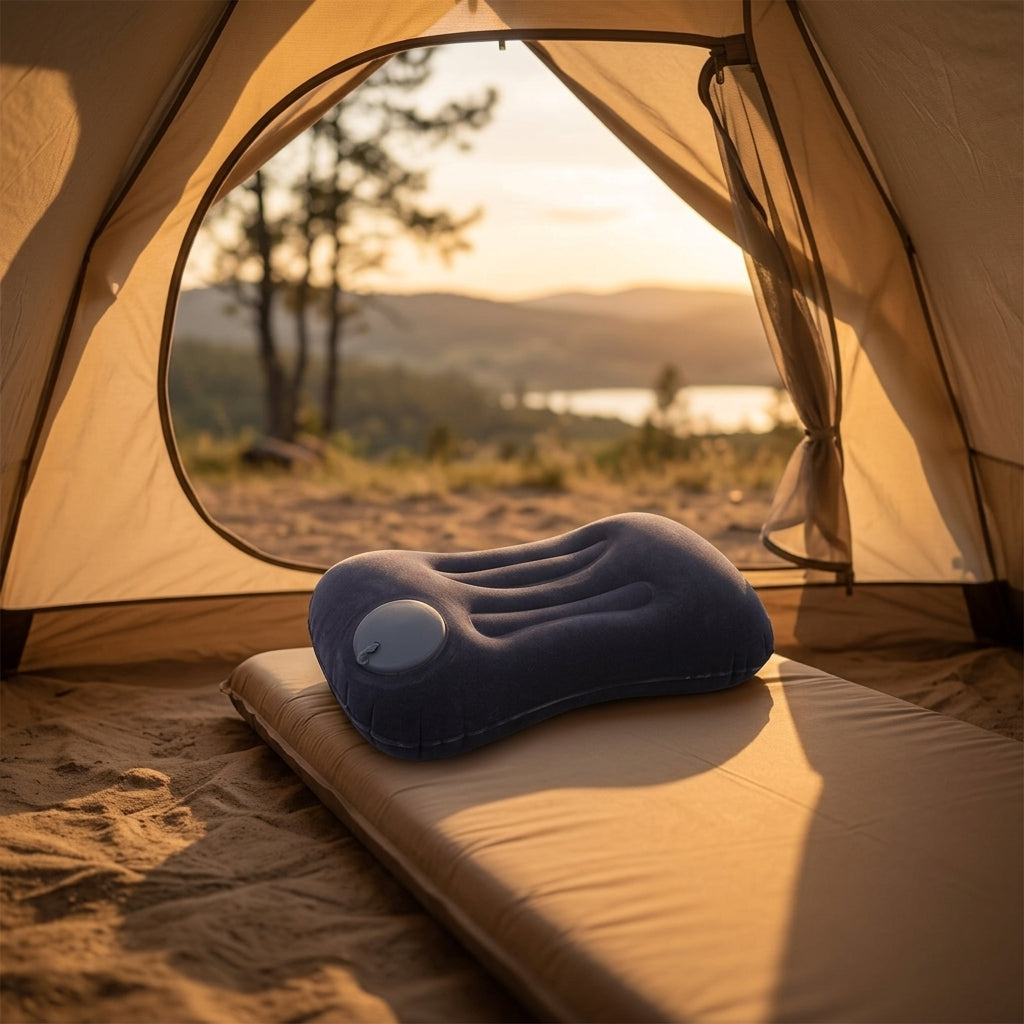 Oreiller gonflable Belmont-Air posé sur un matelas dans une tente au coucher du soleil